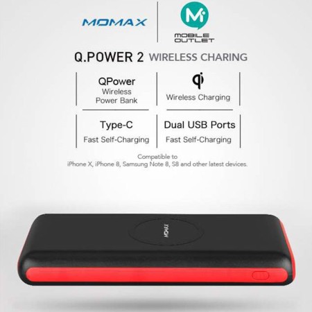 MOMAX QPower 2 Qi Wireless Charging Pad Power Bank 10000mAh for iPhone X-8 Plus